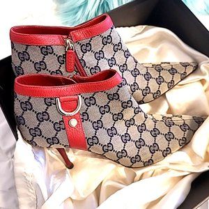 **SOLD**GUCCI~GG Monogram*D Ring*Stiletto*Pointy Toe*Red Leather*Zip Boot